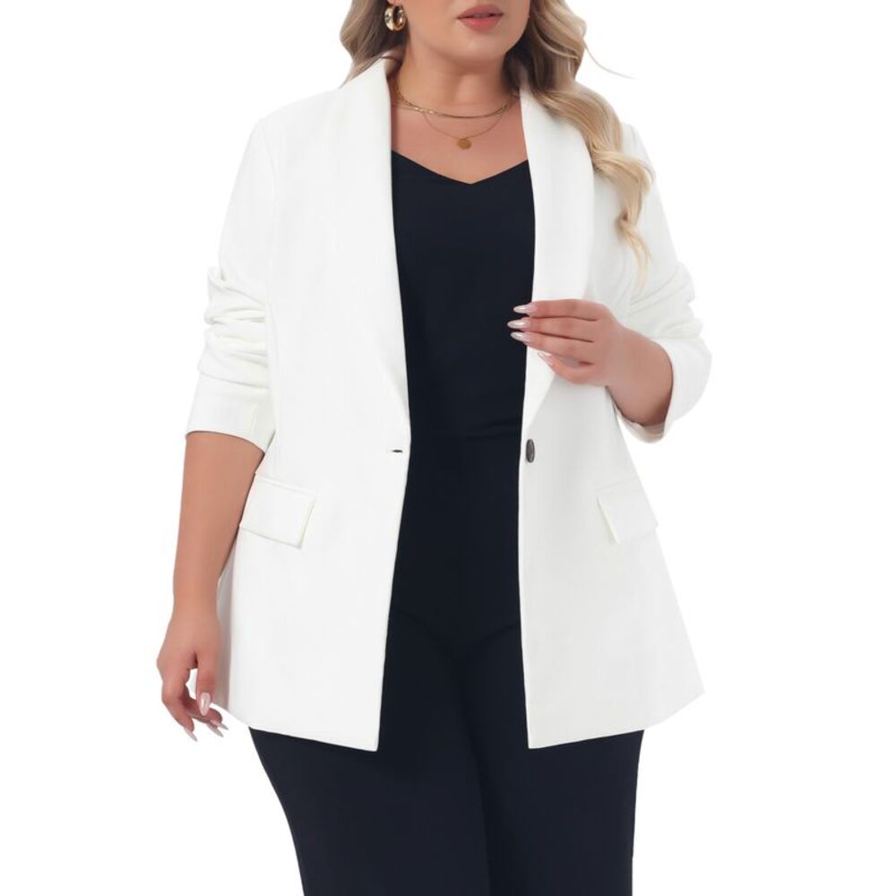 Women Plus Size Lapel Button Work Business Jacket Blazers White